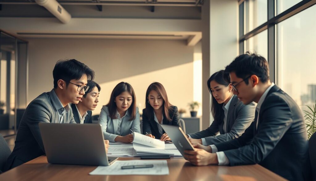A modern office setting with a team of young, professional Japanese-looking consultants deeply engaged in their work. The scene is bathed in a warm, natural light filtering through large windows, casting soft shadows and highlighting the concentration on their faces. They are gathered around a conference table, laptops open, poring over blueprints and documents, their body language conveying a sense of collaborative problem-solving. In the background, the office environment is sleek and minimalist, with clean lines and muted colors that create a calm, focused atmosphere. The overall impression is one of efficient, diligent effort towards achieving the goals of their construction consulting projects.
