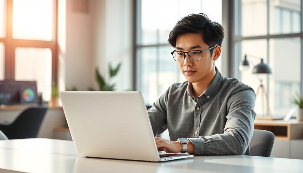 A modern office setting with a young, Japanese-looking web director at the center of the frame. Soft, natural lighting filters through the large windows, creating a warm, professional atmosphere. The director is seated at a sleek, minimalist desk, intently focused on a laptop screen, their expression conveying deep concentration and problem-solving. Behind them, the background is filled with clean, minimalist decor and subtle technology cues, such as a 3D monitor or smart device, hinting at the director's role in web development and digital strategy. The overall mood is one of calm, purposeful efficiency, reflecting the web director's key responsibilities in overseeing website design, user experience, and digital project management.