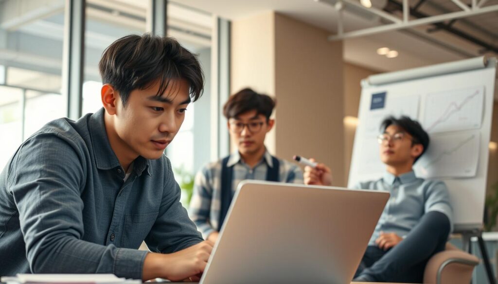 A modern office setting with three young Japanese-looking customer engineers, their faces in focus, engaged in various work activities. In the foreground, one engineer is hunched over a laptop, brow furrowed in concentration. Another stands at a whiteboard, marker in hand, presenting to the third engineer who sits in a comfortable office chair, listening intently. Soft, natural lighting filters in through large windows, casting a warm glow. The overall atmosphere is one of focused collaboration and productive workflow, reflecting the dynamic and adaptable nature of the customer engineering role.