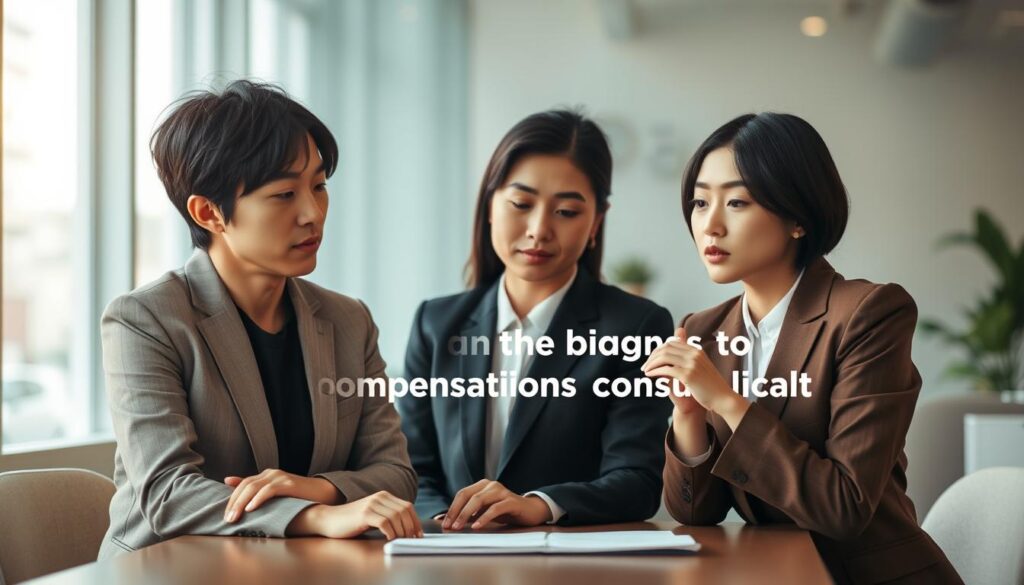 A modern office setting with three young Japanese-looking professionals in business attire - a man and two women - gathered around a table, engaged in a serious discussion. Soft, natural lighting illuminates the scene, casting a warm, contemplative atmosphere. The individuals have serious yet thoughtful expressions, conveying the gravity of their work as compensation consultants. The background is blurred, placing the focus on the group's interaction and collaborative problem-solving. This image captures the essence of a beginner's guide to the compensation consultant profession.