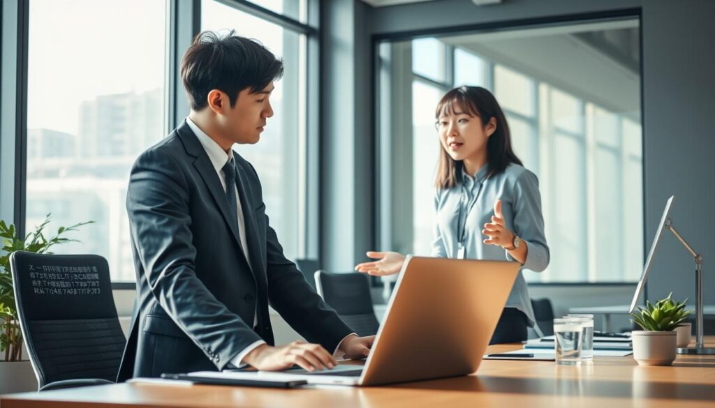 A modern office setting with two young Japanese-looking professionals, one in a corporate suit and the other in casual freelance attire, engaged in a discussion. Soft natural lighting filters through large windows, casting a warm glow. The corporate employee sits at a desk, while the freelancer stands beside them, gesturing animatedly. The scene captures the distinct working styles and environments of a salaried employee and a self-employed creative director. Subtle details, such as the freelancer's laptop and the corporate employee's organized workspace, further contrast their approaches to their craft.