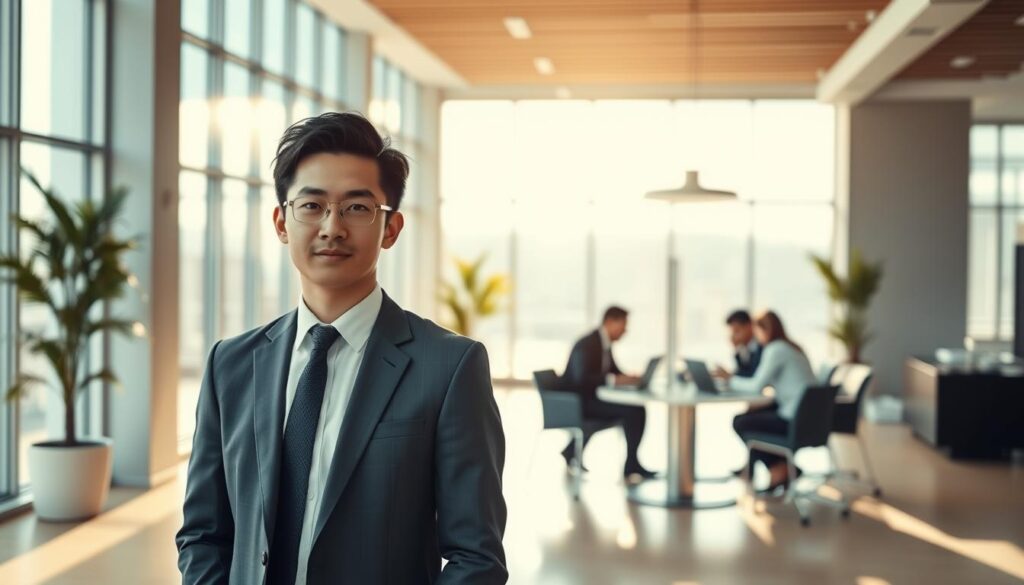 A modern office space with abundant natural light streaming through large windows. In the foreground, a young Japanese-looking professional stands confidently, dressed in a crisp suit and tie, their gaze focused and determined. In the middle ground, a group of colleagues huddle around a table, laptops open and papers scattered, engaged in a lively discussion. The background is filled with sleek, minimalist furnishings and a subtle, warm color palette that evokes a sense of professionalism and progress. The lighting is soft and balanced, casting a subtle glow on the scene. This image captures the essence of an individual preparing to transition into a consulting career, surrounded by the collaborative energy of a thriving workplace.