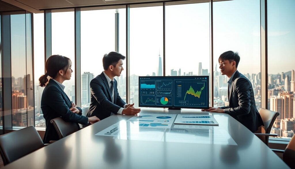 A modern office space with floor-to-ceiling windows overlooking a bustling cityscape. In the foreground, three young Japanese professionals, dressed in business attire, are engaged in a collaborative discussion around a sleek conference table. The lighting is warm and natural, casting a soft glow on their faces as they review data visualizations projected on a large screen. In the background, the skyline of a thriving metropolis can be seen, hinting at the potential earnings and opportunities available to spatial information consultants in this dynamic urban setting.