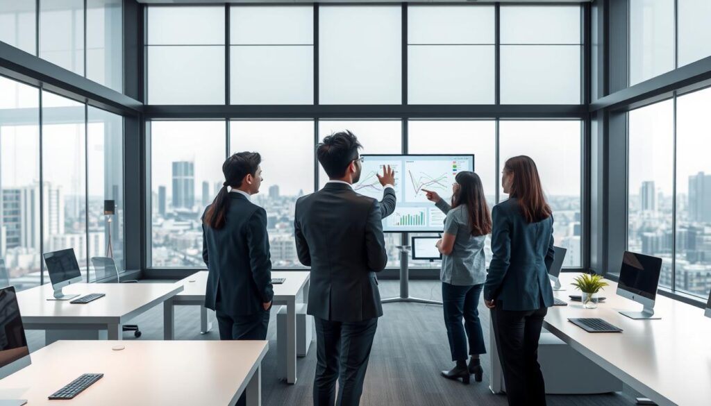 A modern office with large windows, sleek desks, and a minimalist aesthetic. In the foreground, a group of young Japanese professionals in business attire are engaged in a collaborative discussion, gesturing towards digital diagrams on a large display. In the middle ground, they are surrounded by various project management tools and software interfaces, conveying the integration of facilities management and project oversight. The background features a panoramic cityscape, suggesting the broader urban context in which their work is situated. Soft, diffused lighting creates a sense of professionalism and productivity, while the clean lines and neutral color palette evoke a sense of order and efficiency.