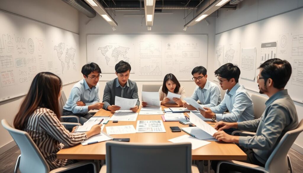 A modern open-office setting, with a team of young, Japanese-looking professionals gathered around a large conference table, deep in discussion. Soft, directional lighting illuminates their focused expressions as they review financial reports and project plans. The walls are adorned with whiteboards filled with intricate diagrams and notes, hinting at the complex analytical work they undertake. An air of collaboration and problem-solving permeates the scene, capturing the essence of a management consulting firm at work.
