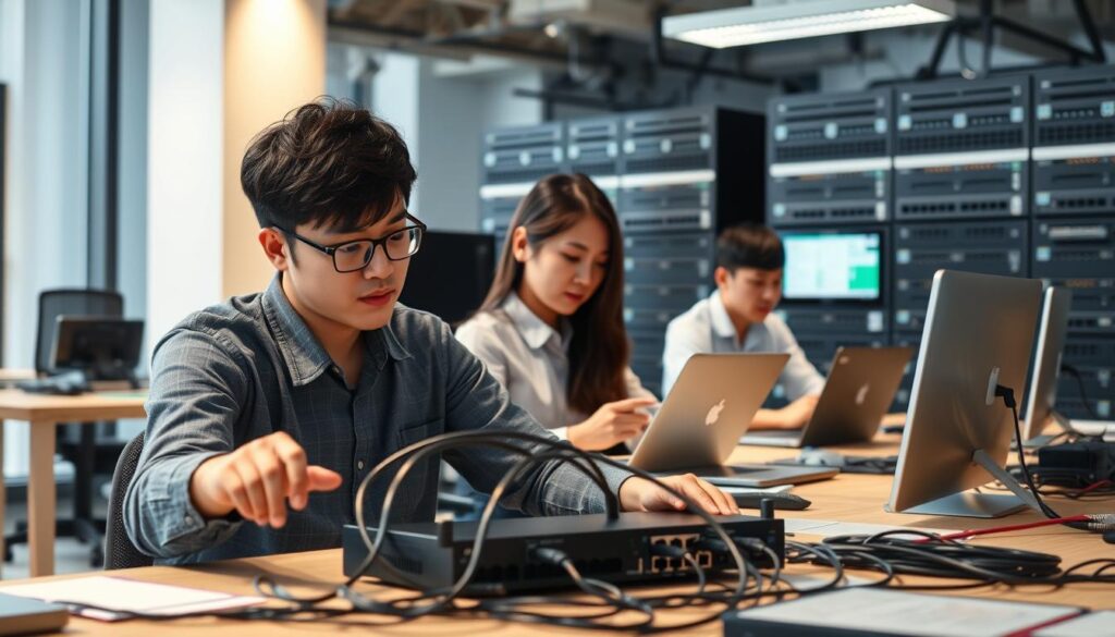 A modern open-office setting with young Japanese-looking network engineers diligently working at their desks. In the foreground, an engineer intently configures a router, cables snaking across the desk. In the middle ground, others collaborate on laptops, discussing network topology diagrams. The background features an array of networking equipment, from servers to switches, bathed in warm, indirect lighting. An atmosphere of focused productivity and technical expertise pervades the scene.