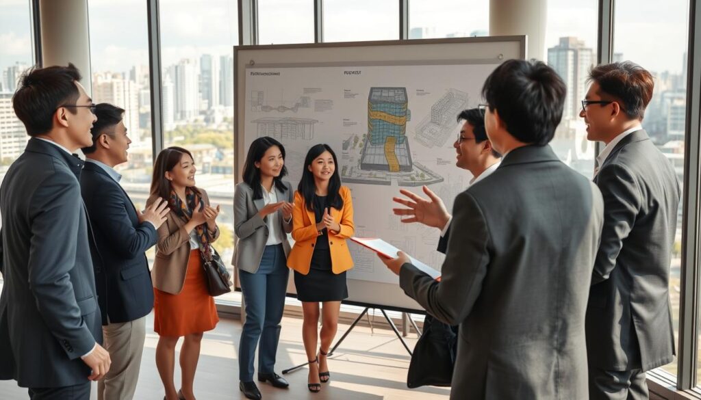 A modern, open-plan office space with large windows and natural lighting. In the foreground, a group of young, Japanese-looking professionals in business attire are engaged in a lively discussion, gesturing animatedly as they collaborate on a redevelopment project. In the middle ground, a large wall-mounted display shows various urban planning diagrams and architectural renderings. The background features a cityscape with a mix of contemporary and historic buildings, hinting at the complex challenges of urban renewal. The overall mood is one of focused determination and innovative problem-solving as the redevelopment planners work to revitalize the city.