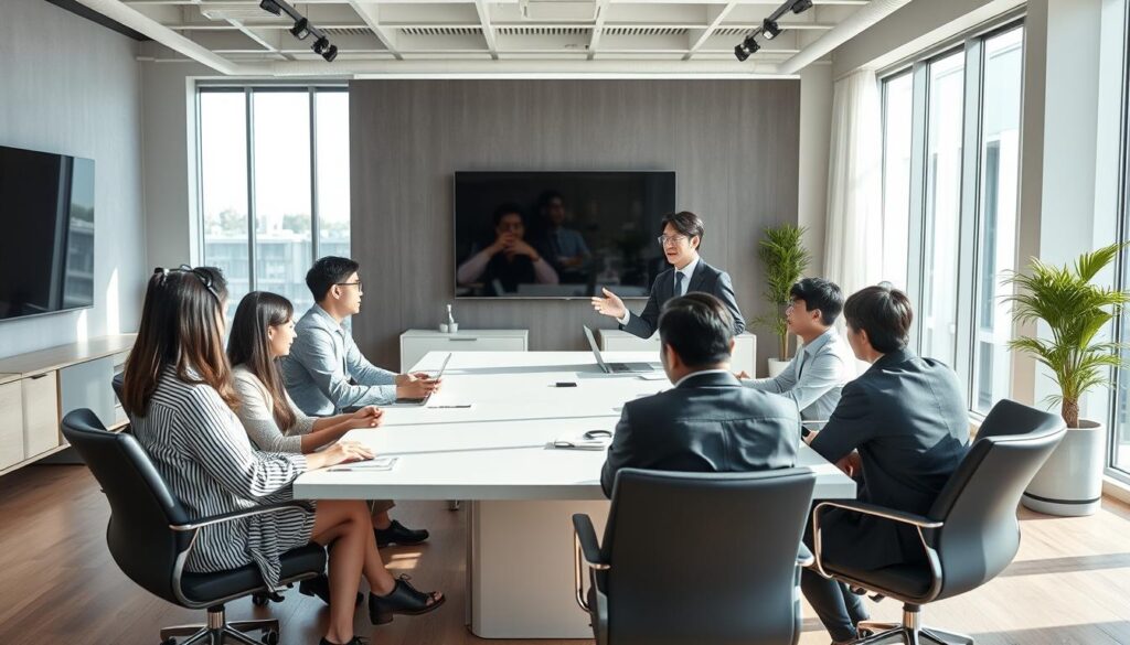 A modern open-plan office with sleek, minimalist furniture. A team of young, Japanese-looking professionals in casual business attire are gathered around a large conference table, deep in discussion. The lighting is bright and natural, streaming in through large windows. The director, distinguished by a confident posture and authoritative presence, is leading the meeting, gesturing animatedly as the others listen intently. Subtle hints of technology, such as a large wall-mounted display, suggest a progressive, innovative work environment. The overall atmosphere conveys a sense of productive collaboration and efficient management.