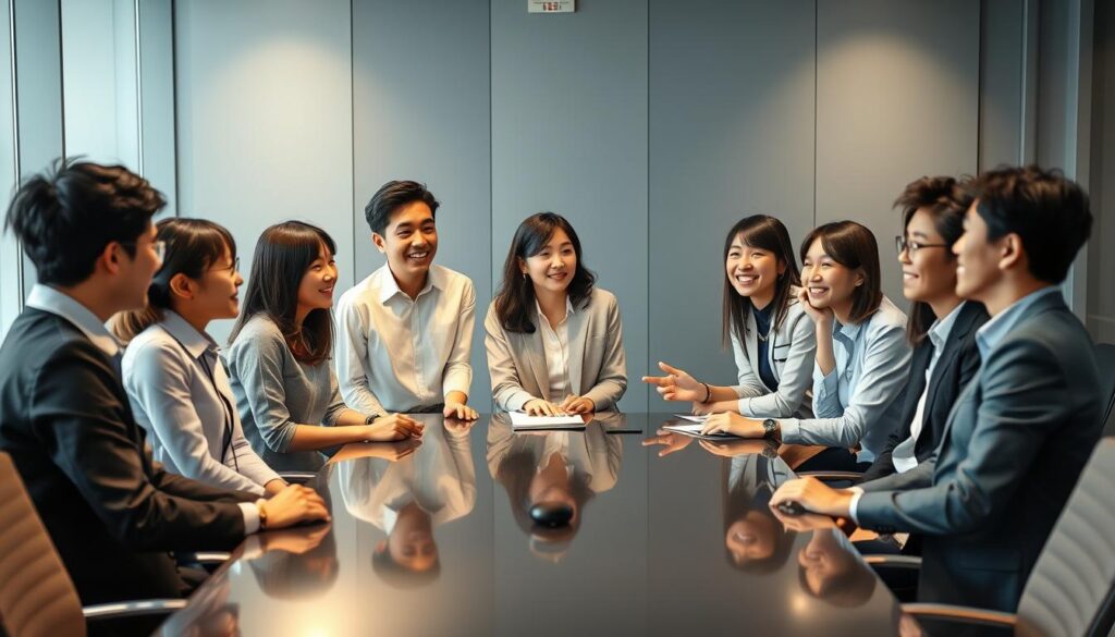 A modern, professional office setting with a group of young, energetic Japanese employees gathered around a sleek conference table, engaged in a dynamic discussion. Soft, diffuse lighting illuminates their faces, creating a warm, approachable atmosphere. The scene captures the spirit of the Mynavi Shokatsuda career support service, focused on empowering young professionals to take the next step in their careers. The models exhibit a mix of casual and formal attire, reflecting the balance of professionalism and youthful vibrancy. The overall composition conveys a sense of collaboration, guidance, and the promise of personal and professional growth.