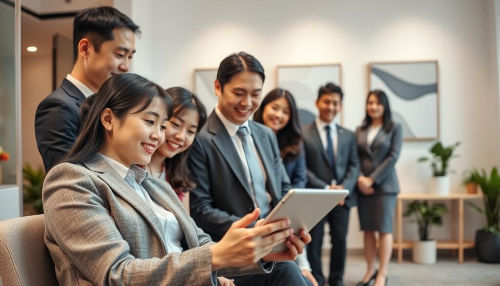 A modern, professional office setting with a team of young, Japanese-looking recruiters assisting a job seeker. The recruiters are standing in a row, dressed in formal business attire, with warm, friendly expressions. The job seeker is seated in the foreground, looking intently at a tablet in their hands. Soft, diffused lighting illuminates the scene, creating a calm, inviting atmosphere. The background features minimalist office decor, such as potted plants and abstract artwork, emphasizing the career-focused environment. The image conveys the expertise and personalized support Recruit Agents provide to job seekers navigating the employment landscape.