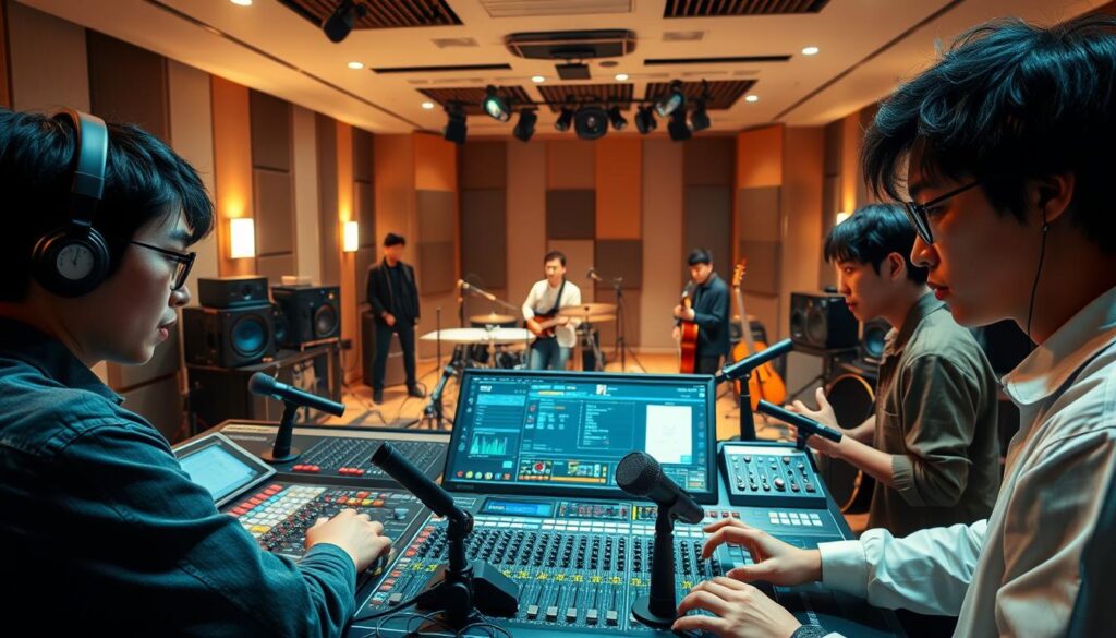 A modern recording studio filled with state-of-the-art equipment. In the foreground, a group of young Japanese engineers, their faces focused and determined, carefully adjusting the sound levels and settings on the mixing console. The middle ground reveals an array of microphones, headphones, and instruments, arranged with precision. In the background, a large soundproofed room with acoustic panels, where a band is captured in the act of recording, their expressions intense as they pour their heart into the music. Soft, warm lighting casts a serene atmosphere, highlighting the technical expertise and artistic passion at the heart of the recording process.