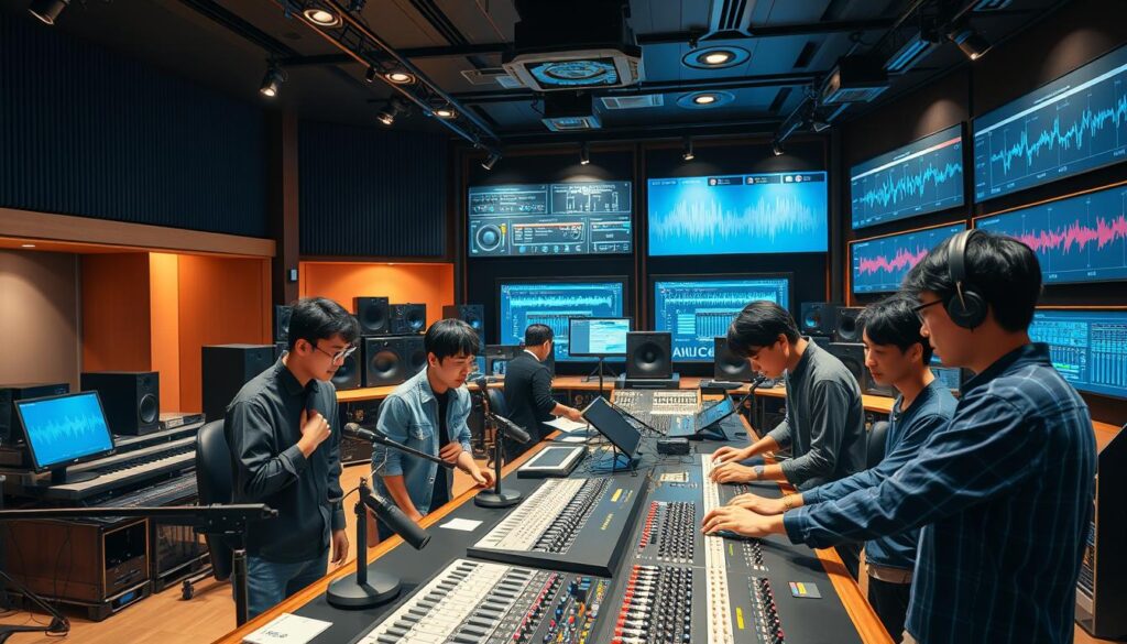 A modern recording studio filled with the latest audio technology. In the foreground, a group of young Japanese-looking engineers huddle around a sleek mixing console, their hands deftly manipulating knobs and faders. The middle ground reveals an array of high-end microphones, speakers, and monitors, all bathed in a warm, focused lighting. The background showcases cutting-edge audio processing hardware and software, with digital displays showcasing the latest waveforms and spectrums. The atmosphere is one of focused professionalism, as the team collaborates to push the boundaries of sonic perfection.