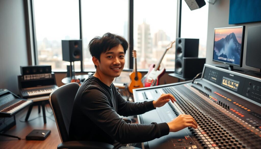 A modern recording studio with a well-equipped control room. In the foreground, a young Japanese sound engineer sits at the mixing console, his fingers dancing across the knobs and sliders. The middle ground features various audio equipment and instruments, hinting at the diverse skills required. In the background, a large window overlooks a city skyline, symbolizing the potential for growth and advancement in this career path. Soft, warm lighting creates a focused, professional atmosphere. The scene conveys the technical expertise, problem-solving abilities, and creative potential of a recording engineer's career trajectory.