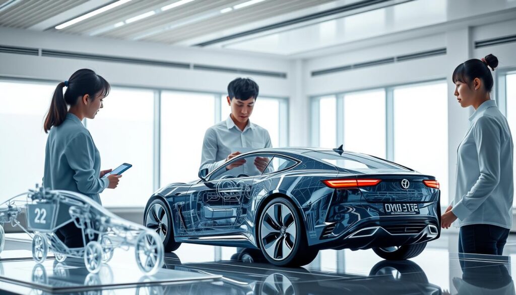 A modern, sleek car design evaluation system with a team of young, Japanese-looking designers meticulously analyzing a new vehicle prototype under bright, natural lighting. The foreground features detailed 3D models and holographic displays, while the middle ground showcases the designers intently focused on their work, using advanced software and hardware tools. The background depicts a high-tech, minimalist studio environment with clean lines, large windows, and subtle ambient lighting, creating an atmosphere of precision, innovation, and professionalism befitting the subject matter.