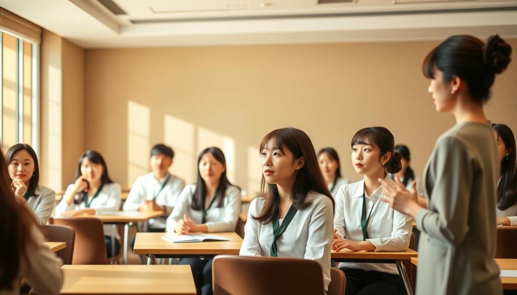 A modern, softly lit classroom setting with young, attentive Japanese-looking trainees seated at desks, focused on their instructor. The scene conveys a sense of professionalism and dedication as the trainees learn the intricacies of their role as grand hostesses. Warm, natural lighting illuminates the room, creating a welcoming atmosphere. The instructor, also a young Japanese woman, stands before the class, gesturing with her hands as she imparts valuable knowledge and guidance. The overall composition emphasizes the training program's rigor and the trainees' commitment to mastering their craft.