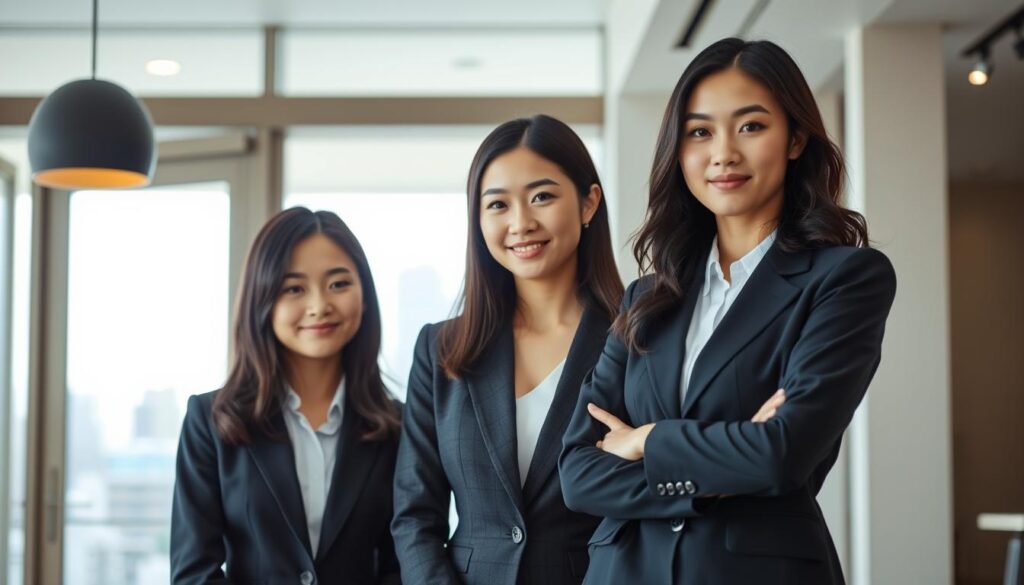 A modern, sophisticated nanny workforce in a stylish urban setting. A trio of young, professional-looking Japanese women, their dark hair and youthful features conveying a sense of elegance and competence. They are pictured in a bright, airy room with large windows, natural lighting illuminating their crisp, tailored attire. The scene exudes an atmosphere of efficiency, reliability, and a high level of service, reflecting the latest trends in the nanny industry.