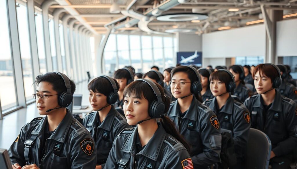 A modern, state-of-the-art pilot training academy, featuring a group of young, Japanese-looking individuals in a well-equipped facility. The foreground showcases students in flight suits, focused on their training exercises, while the middle ground depicts classrooms and simulation labs with cutting-edge technology. The background reveals the academy's sleek, contemporary architecture, bathed in warm, natural lighting that creates a professional and inspiring atmosphere. The overall scene conveys the rigorous, yet rewarding journey of becoming a skilled pilot, ready to take on the challenges of the industry.