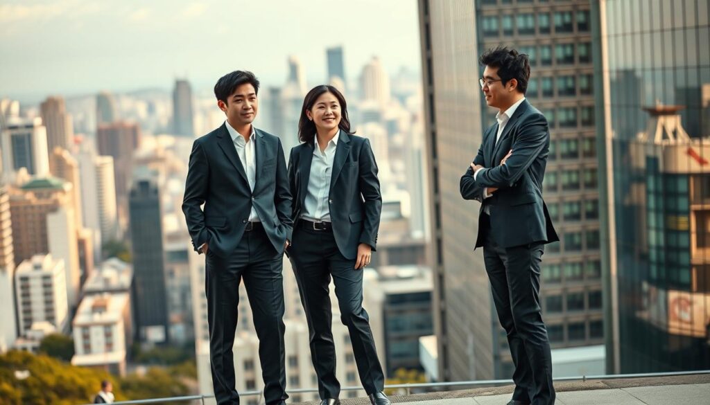 A modern urban setting with a bustling cityscape in the background. In the foreground, three young Japanese-looking professionals stand together, engaged in a lively discussion. They are wearing smart business attire - tailored suits, crisp shirts, and polished shoes. Their expressions convey a sense of focus and determination, reflecting the high-stakes nature of their work as urban redevelopment planners. The lighting is natural, with warm tones and soft shadows, creating a sense of professionalism and authority. The composition is balanced, with the figures positioned in a triangular arrangement, drawing the viewer's eye to the center of the frame. The overall atmosphere evokes a blend of expertise, ambition, and the dynamic energy of the redevelopment industry.