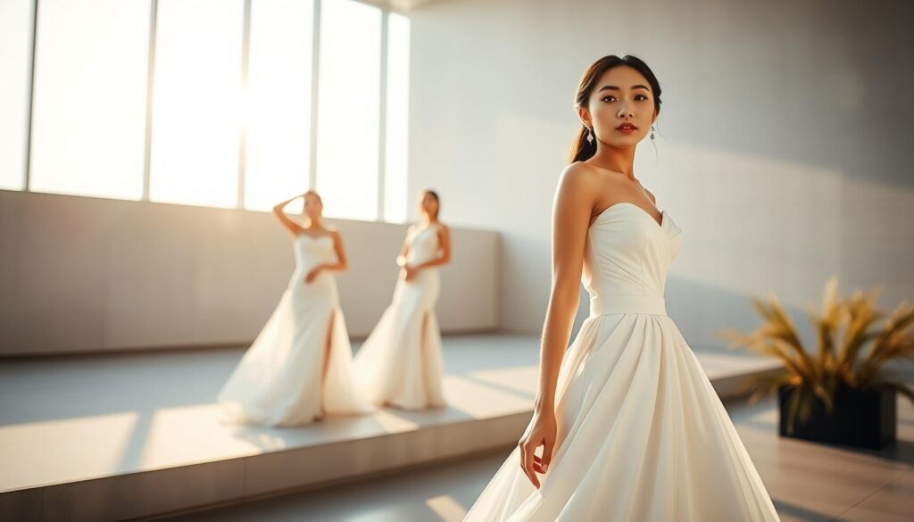 A modern wedding industry landscape unfolds, showcasing a trio of well-dressed, youthful Japanese-looking models posing elegantly against a backdrop of sleek, minimalist architecture. Soft natural lighting filters through large windows, creating a serene, aspirational atmosphere. The models embody the latest bridal fashion trends, exhibiting a harmonious blend of tradition and contemporary style. In the foreground, a model in a flowing white gown gazes confidently, while her companions strike graceful poses in chic yet timeless ensembles. This image captures the essence of the evolving bridal industry, blending timeless elegance with forward-thinking design.