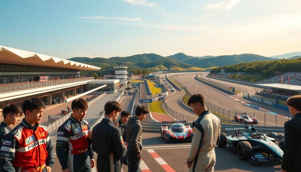 A modern, well-designed Japanese racing circuit facility, with a sleek and streamlined grandstand overlooking a long, winding track. In the foreground, a group of young, determined-looking Japanese racing drivers in their team uniforms, inspecting their high-performance racing cars. The middle ground features the circuit's iconic landmarks, such as an iconic pit lane, control tower, and spectator areas, all bathed in warm, golden sunlight. The background showcases the lush, verdant scenery that surrounds the circuit, with rolling hills and a clear, blue sky overhead. The overall atmosphere is one of excitement, anticipation, and a deep-rooted passion for the sport of motor racing.