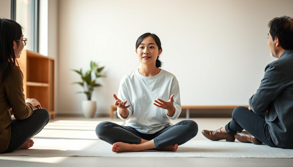 A modern, well-designed interior with a minimalist, calming aesthetic. In the center, a young Japanese woman in her 20s sits cross-legged on the floor, explaining the key elements of the long-term care insurance system to two attentive listeners. Her posture is relaxed, and she gestures with her hands as she speaks. The lighting is soft and natural, filtering in through large windows. The background features simple, clean lines and muted tones, allowing the focus to remain on the central figures. The overall mood is informative yet serene, conveying the importance of the topic while maintaining a sense of tranquility.
