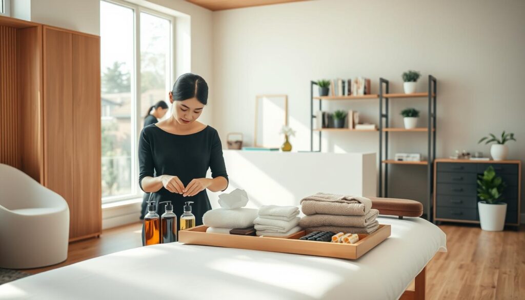 A modern, well-equipped acupuncture and massage clinic is being prepared for its grand opening. The sunny, spacious room features clean, minimalist decor with warm wood tones and natural lighting filtering in through large windows. In the foreground, a young Japanese woman with a serene expression carefully arranges massage oils, towels, and other essential supplies on a sleek, minimalist treatment table. Behind her, another attendant meticulously organizes the reception area, stocking shelves with books and decorative plants. The overall atmosphere conveys a sense of professionalism, tranquility, and attention to detail that one would expect from a high-quality holistic healthcare facility.