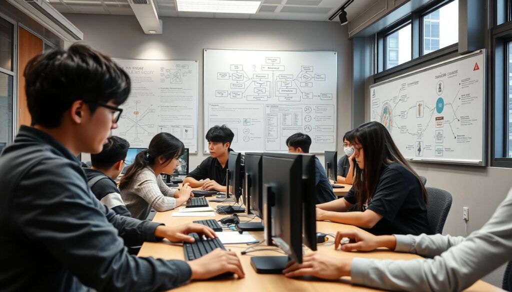 A modern, well-equipped game design classroom, with young Japanese-looking students intently focused on their computer screens. The room is brightly lit, with large windows letting in natural light. The students work in small teams, collaborating on innovative game concepts and prototypes. In the background, a large whiteboard displays intricate diagrams and flow charts, guiding the students through the game design process. The atmosphere is one of creativity, curiosity, and academic rigor, reflecting the serious yet dynamic nature of game design education.