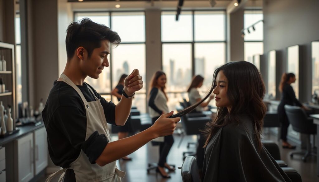 A modern, well-equipped hair salon with floor-to-ceiling windows bathed in soft, natural lighting. In the foreground, a young, skillful hairstylist in a crisp white apron carefully trims the stylish, dark-haired client's locks, their faces reflecting a sense of professionalism and pride. In the middle ground, other stylists attend to their customers, showcasing the salon's bustling atmosphere and diverse clientele. The background reveals an expansive view of the city skyline, hinting at the cosmopolitan nature of the industry and the potential for growth and innovation within the beauty sector.