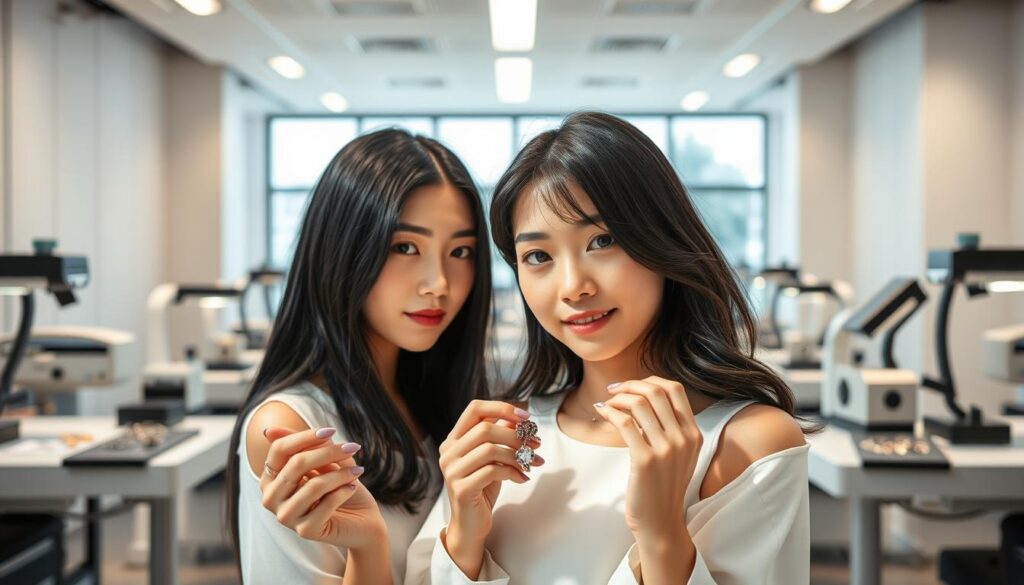 A modern, well-equipped jewelry design education institution set against a sleek, minimalist backdrop. In the foreground, young Japanese-looking models with black hair showcase intricate jewelry pieces in natural lighting, conveying a sense of sophistication and attention to detail. The middle ground features state-of-the-art jewelry-making equipment and workstations, hinting at the hands-on, technical training offered. The background reveals a clean, airy interior with large windows, suggesting a bright, inspiring environment conducive to creative expression. The overall mood is one of professionalism, artistry, and the culmination of traditional craftsmanship and contemporary design.