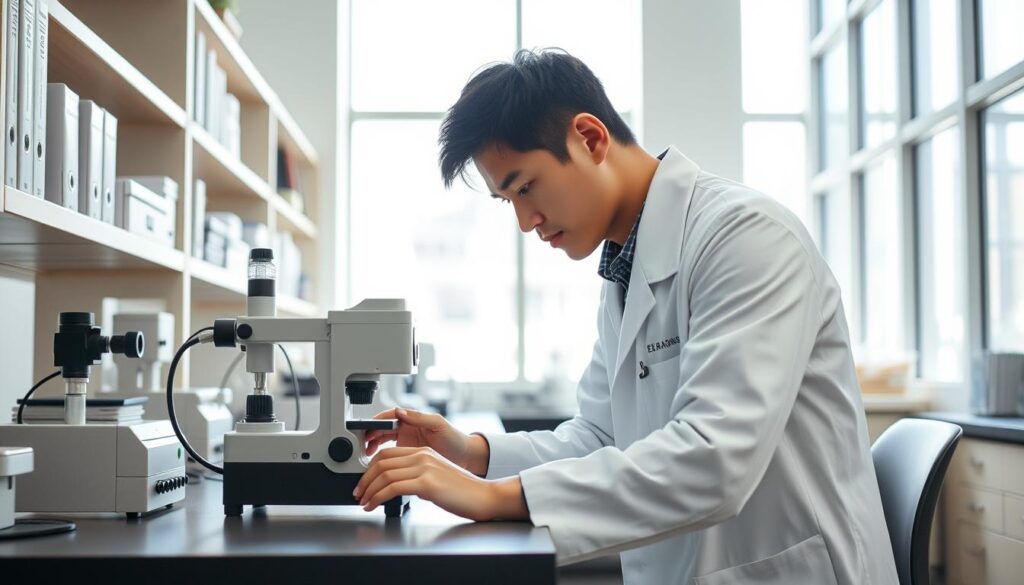 A modern, well-equipped laboratory setting with ample natural lighting streaming through large windows. The workspace is meticulously organized, with a sleek countertop hosting various precision instruments and calibration equipment. A young, focused Japanese man in a white lab coat diligently operates a complex measuring device, his expression one of deep concentration. Shelves lining the walls display neatly arranged reference materials and technical manuals. The atmosphere is one of quiet professionalism, where attention to detail and adherence to rigorous standards are paramount.