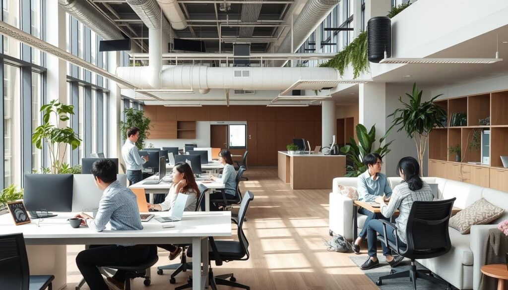A modern, well-equipped office space with an open-plan layout and abundant natural light. Young Japanese-looking professionals collaborate at standing desks and hold casual meetings in comfortable lounge areas. The atmosphere is relaxed yet focused, with staff taking short breaks to refuel at a sleek kitchen station. Ergonomic chairs, high-end tech, and greenery create a productive, pleasant working environment that caters to the needs of this specialized, skilled role.