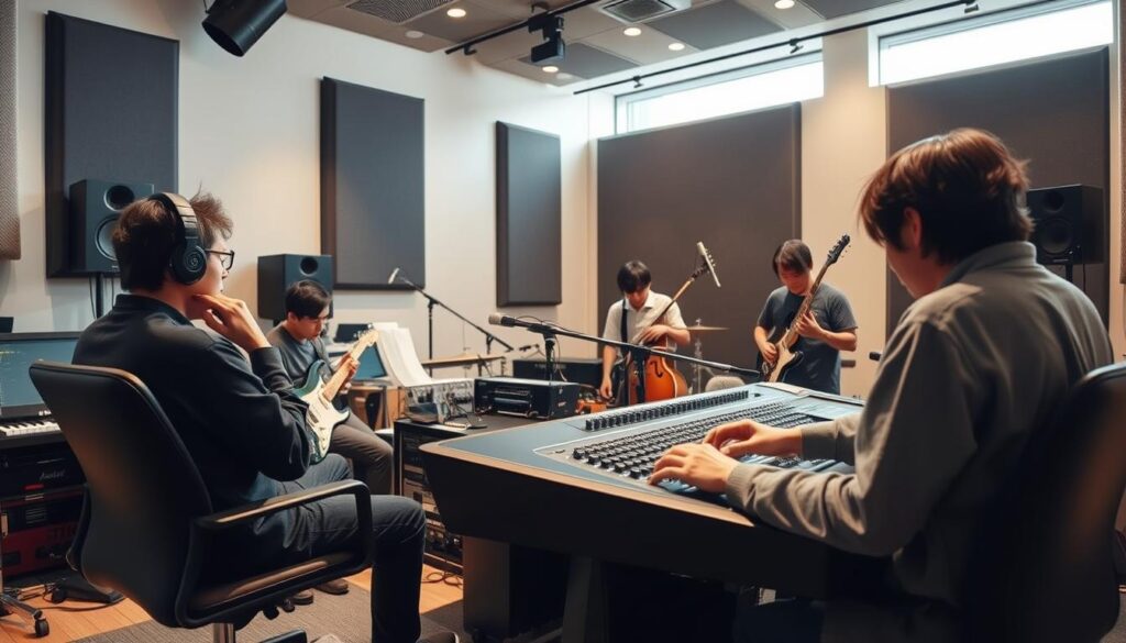A modern, well-equipped recording studio with a professional sound engineer seated at a mixing console, intently focused on their work. Around them, young Japanese musicians collaborate, discussing arrangements and fine-tuning their tracks. The atmosphere is one of creativity and concentration, with advanced audio equipment, soundproofed walls, and an array of musical instruments visible in the background. Soft, natural lighting filters in, casting a warm, productive glow over the scene. The attention to detail and technological sophistication conveys the high-caliber, professional nature of the trackmaker's work environment.