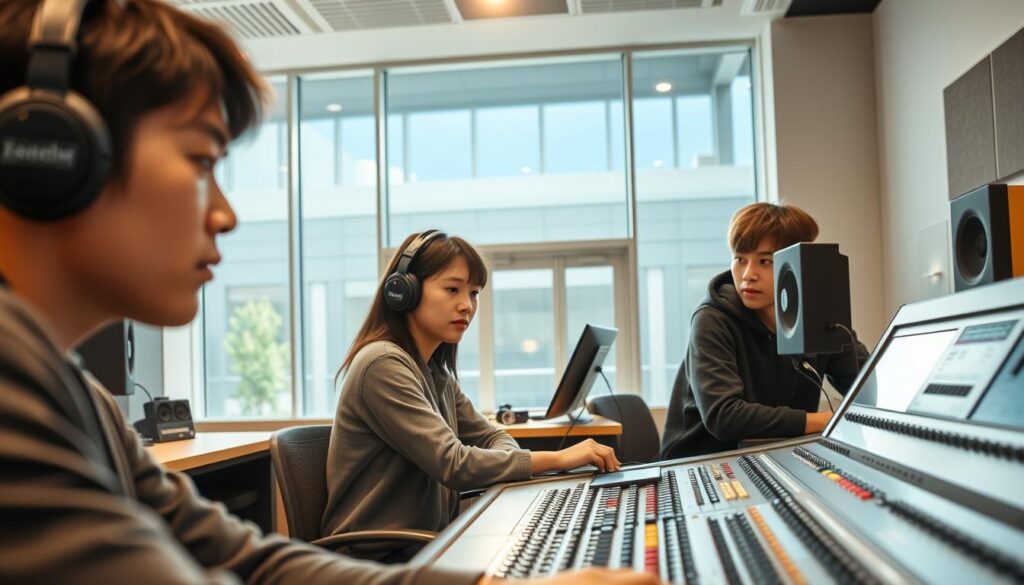 A modern, well-equipped vocational training school for aspiring audio engineers. Bright, airy classrooms with state-of-the-art mixing consoles and recording equipment. Young, focused Japanese students intently studying the science and art of audio engineering, their faces reflecting the seriousness of their studies. The school's facade visible in the background, a modern, glass-and-steel structure that conveys a sense of professionalism and technical expertise. Warm, natural lighting illuminates the scene, creating a sense of energy and purpose. The overall atmosphere is one of focused, dedicated learning, with the students' passion for their craft evident in their expressions and body language.
