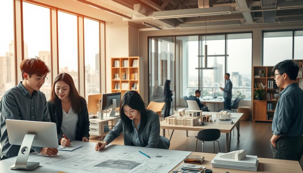 A modern, well-lit architectural office with large windows overlooking a city skyline. In the foreground, a team of young, Japanese-looking architects engaged in collaborative work around a drafting table, using CAD software and sketching tools. In the middle ground, other architects are meeting in a glass-walled conference room, discussing design plans. The background features bookshelves, 3D model prototypes, and an open pantry area. Warm, diffused lighting creates a focused, productive atmosphere. The overall scene conveys the dynamic, fast-paced work environment of a successful architecture firm.
