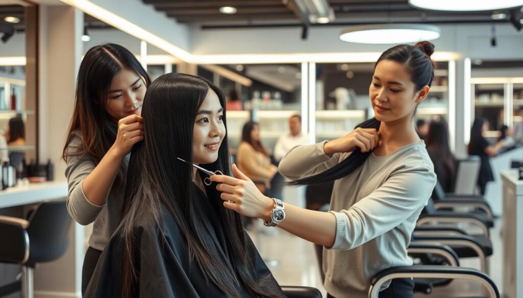 A modern, well-lit beauty salon interior with sleek furnishings and contemporary decor. In the foreground, a young Japanese-looking model sits in a styling chair, her long black hair being meticulously cut and styled by a focused, experienced hairstylist. The stylist moves with graceful, precise movements, wielding professional-grade scissors and styling tools. In the middle ground, other models wait patiently for their turns, observing the process with interest. The background is filled with shelves of high-end hair products and mirrors reflecting the activity. An atmosphere of calm, focused professionalism permeates the scene, conveying the steps and skills required to become a skilled, in-demand hairstylist.