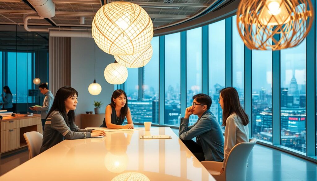 A modern, well-lit interior design studio filled with innovative lighting solutions. In the foreground, a team of young, Japanese-looking designers collaborate around a sleek, minimalist table, their faces aglow with the latest in energy-efficient lighting technology. In the middle ground, intricate 3D-printed light fixtures hang from the ceiling, casting warm, ambient illumination throughout the space. The background reveals a panoramic view of a bustling city skyline, hinting at the industry's bright future and the potential for continued technological advancements in the field of lighting design.