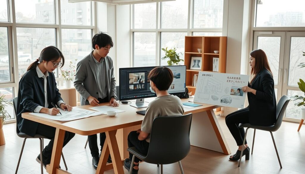 A modern, well-lit interior design studio with large windows and minimalist furniture. A team of young, focused Japanese designers are engaged in various tasks - one sketching plans on a drafting table, another using a computer to create 3D models, and a third presenting concept boards to a client. The space exudes a sense of creativity and collaboration, with natural light flooding the room and giving a warm, productive atmosphere. The designers wear smart casual attire and have an air of professionalism as they work diligently on their spatial design projects.