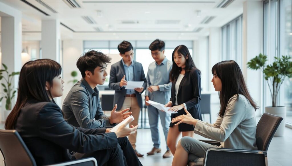 A modern, well-lit office setting with a team of young, Japanese-looking professionals engaged in a collaborative discussion. In the foreground, two people are sitting face-to-face, intently listening and gesturing as they communicate. In the middle ground, another pair is standing, reviewing documents together. The background features an open, airy workspace with clean lines, minimalist decor, and large windows allowing natural light to fill the space. The overall atmosphere is one of focused, productive discussion and teamwork, capturing the essence of effective client communication and project direction.