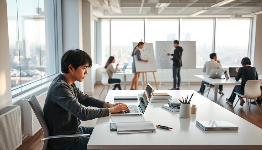 A modern, well-lit office space with large windows, clean white walls, and minimalist furniture. In the foreground, a young, focused UI/UX designer sits at a sleek, minimalist desk, working intently on a laptop, surrounded by a variety of design tools and sketchpads. In the middle ground, other designers collaborate at nearby desks, discussing ideas and sketching on whiteboards. The background features a panoramic city skyline, hinting at the vibrant, dynamic environment in which these designers operate. Soft, natural lighting filters in, creating a calm, productive atmosphere. The designers have a youthful, Japanese-inspired appearance, their black hair framing focused expressions as they tackle the challenges of crafting exceptional user experiences.