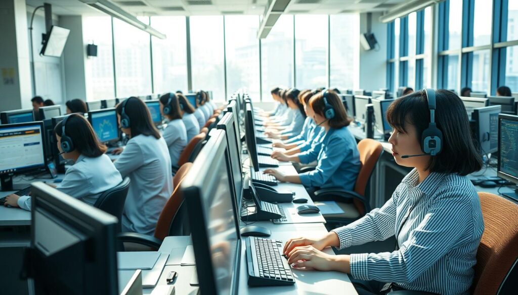 A modern, well-lit office space with rows of desks and workstations. The dispatchers, all young Japanese-looking individuals with dark hair, intently monitor multiple screens and keyboards, managing schedules and coordinating transportation logistics. Sunlight streams in through large windows, creating a professional yet dynamic atmosphere. The room has a sense of quiet efficiency, with the dispatchers seamlessly processing information and communicating with various teams. The overall scene conveys the fast-paced, detail-oriented nature of the dispatcher's role in ensuring smooth operations.
