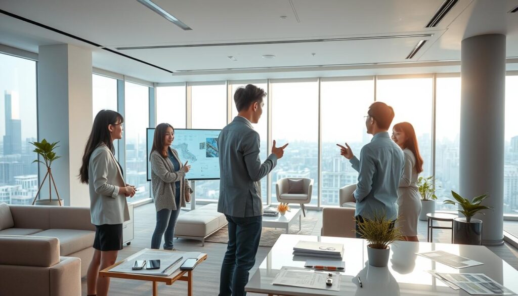 A modern, well-lit office space with sleek, minimalist furniture and decor. In the foreground, a group of young, Japanese-looking professionals - a team of interior designers - engaged in a collaborative meeting, gesturing animatedly as they discuss design concepts on a large touchscreen display. The middle ground features a mix of physical and digital design tools, from drafting tables to 3D modeling software, hinting at the varied skills required. The background showcases panoramic city views through floor-to-ceiling windows, suggesting the urban context in which these designers operate. The overall mood is one of creativity, professionalism, and a dynamic work environment.