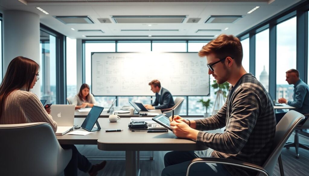 A modern, well-lit office space with sleek, minimalist furniture. In the foreground, a young, focused product designer sits at a desk, meticulously sketching ideas on a tablet. Surrounding them, colleagues collaborate on prototypes and discuss design concepts, their expressions engaged and thoughtful. The middle ground features a large whiteboard covered in user journey maps, wireframes, and annotated sketches. In the background, a panoramic window offers a cityscape view, hinting at the broader context in which the designer's work will be realized. The overall atmosphere is one of creative energy, intellectual rigor, and a shared commitment to crafting exceptional user experiences.