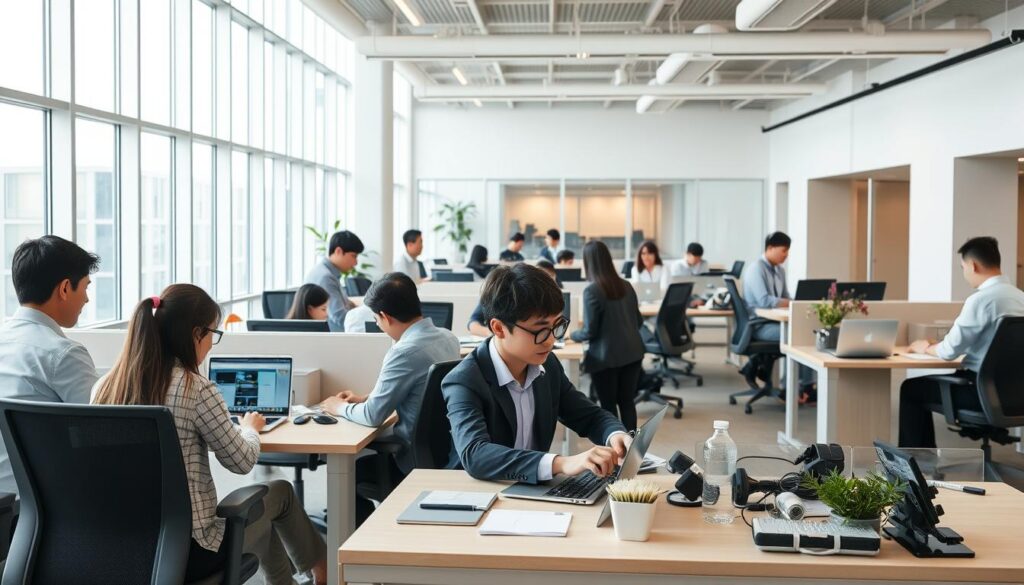 A modern, well-lit open-plan office space, with young Japanese-looking professionals collaborating at their desks. The room has floor-to-ceiling windows providing ample natural light, and ergonomic furniture in a neutral color palette. Several employees are engaged in discussions, while others work intently on their laptop computers. The atmosphere is one of focused productivity, with occasional moments of casual interaction. The overall mood is professional yet relaxed, reflecting the dynamic nature of a consulting firm's work environment.