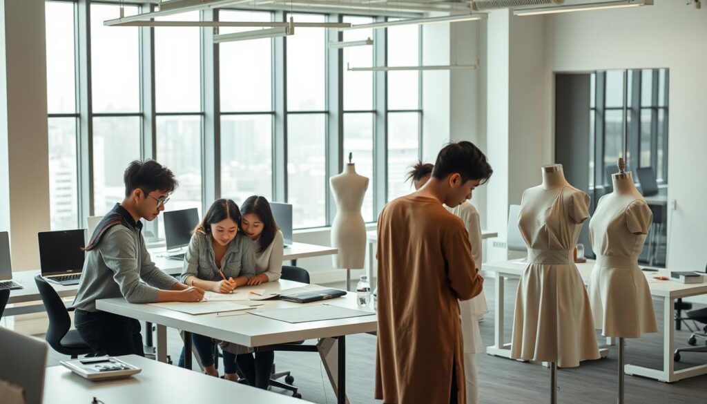 A modern, well-lit open-plan office with sleek workstations and minimalist decor. In the foreground, a group of young, focused Japanese fashion designers huddle around a large table, sketching designs and discussing pattern samples. Soft, directional lighting illuminates their faces, creating a professional yet relaxed atmosphere. In the middle ground, a pattern cutter meticulously works on a dress form, pinning and cutting fabric with precision. The background features large windows overlooking a cityscape, providing a sense of space and connection to the outside world. The overall scene conveys a dynamic, collaborative work environment where creativity and technical expertise come together to bring fashion designs to life.