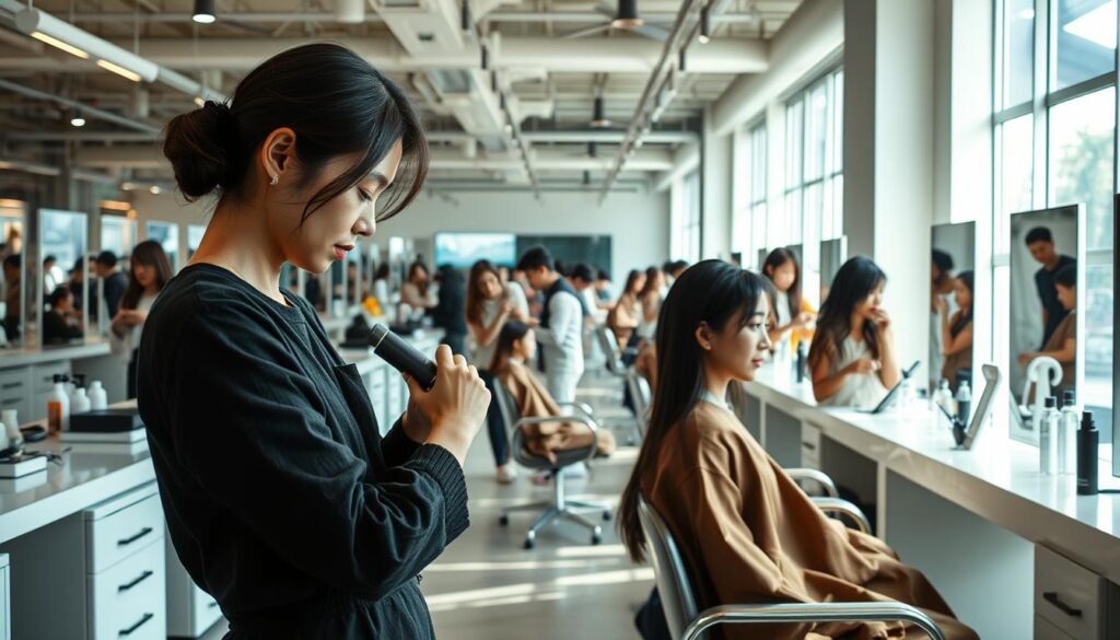 A modern, well-lit salon filled with young, attractive Japanese-looking stylists working diligently. Rows of sleek styling stations with high-end equipment line the airy, minimalist space. Soft, natural lighting filters in through large windows, casting a warm glow over the scene. In the foreground, a stylist carefully cuts the hair of a customer, their face focused and intent. In the middle ground, other stylists style and color the hair of their clients, their movements precise and graceful. The background is filled with the bustling energy of the salon, stylists consulting with customers and tidying their workstations. An atmosphere of professionalism and creativity pervades the environment.