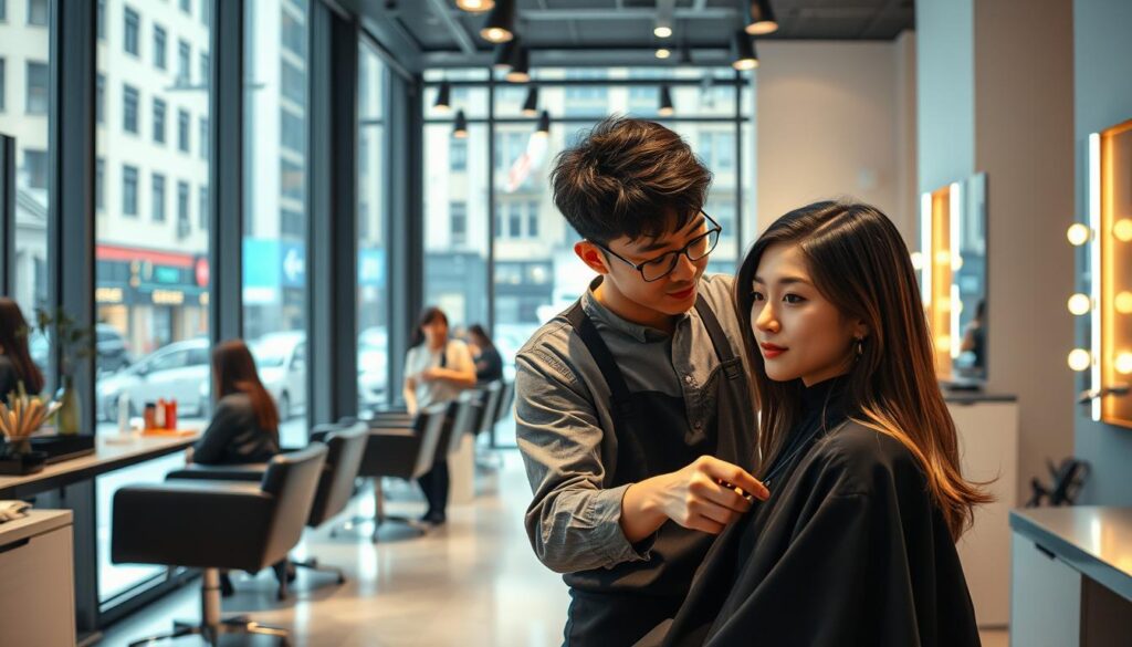 A modern, well-lit salon interior with floor-to-ceiling windows overlooking a bustling city street. In the foreground, a young, skilled Japanese hairstylist intently focuses on cutting and styling the hair of a young, fashionable client, their expressions conveying a sense of collaboration and artistry. In the middle ground, other stylists attend to their own clientele, creating an atmosphere of professional expertise and dedication. The background is filled with sleek, minimalist furnishings, subtle pops of color, and the faint glow of warm lighting, evoking a calm, serene ambiance conducive to the transformative work of the salon.