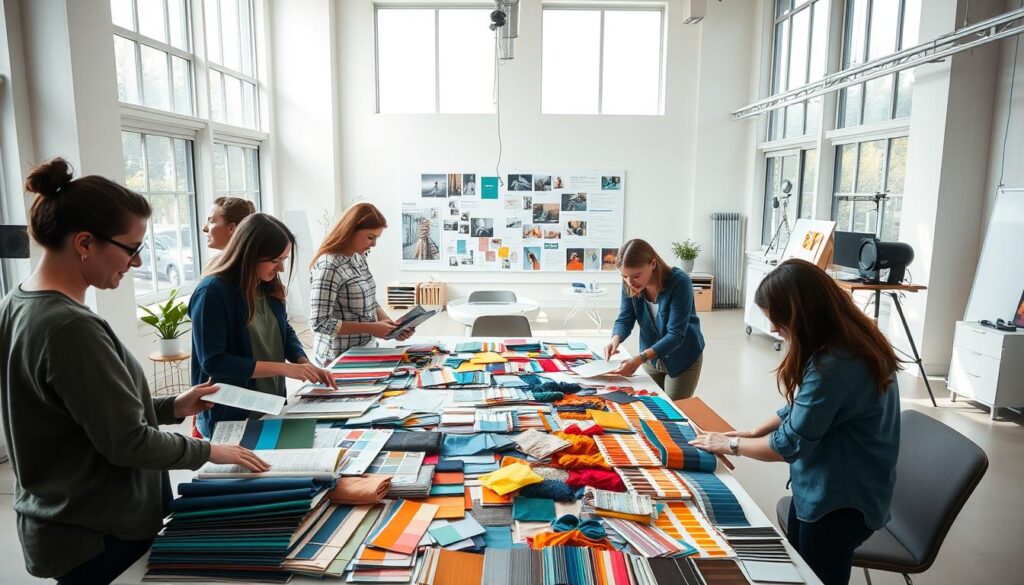 A modern, well-lit studio space with large windows allowing natural light to flood in. In the foreground, a team of professional color coordinators meticulously arrange and compare a diverse palette of fabric swatches, paint chips, and material samples. Their focused expressions convey the nuanced decision-making process as they thoughtfully consider color harmonies, textures, and visual balance. In the middle ground, a large mood board displays inspirational imagery, color themes, and client specifications. The background features sleek, minimalist furniture and equipment, creating a clean, contemporary atmosphere conducive to the creative work at hand. The overall scene captures the precision, attention to detail, and collaborative nature of a color coordinator's role.