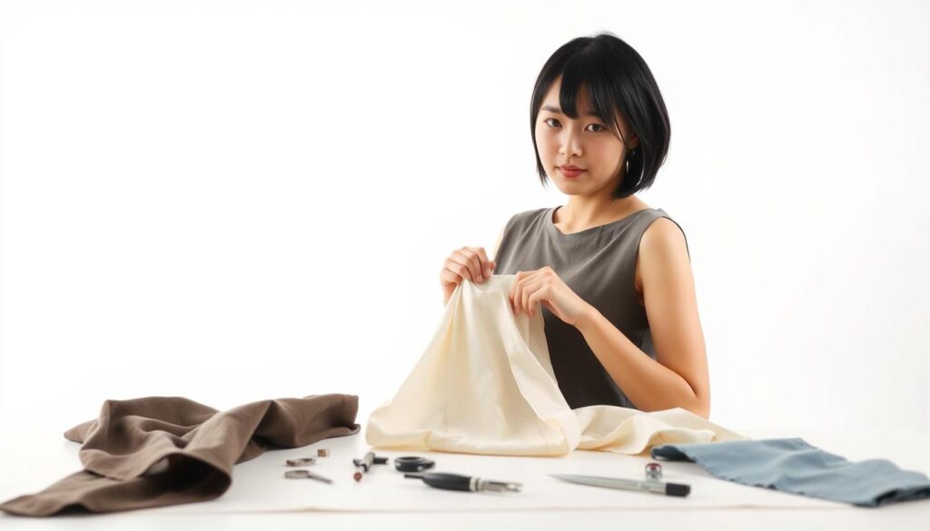A modern, well-lit studio with a model posing against a clean white backdrop. The model, a young Japanese-looking person with dark hair, is demonstrating the process of pattern making, with various fabrics and sewing tools laid out on a table in front of them. The lighting is soft and diffused, creating a professional and focused atmosphere. The model's hands are carefully manipulating the fabric, showcasing their technical expertise as a pattern maker. The overall scene conveys the precise and meticulous nature of the pattern making profession.