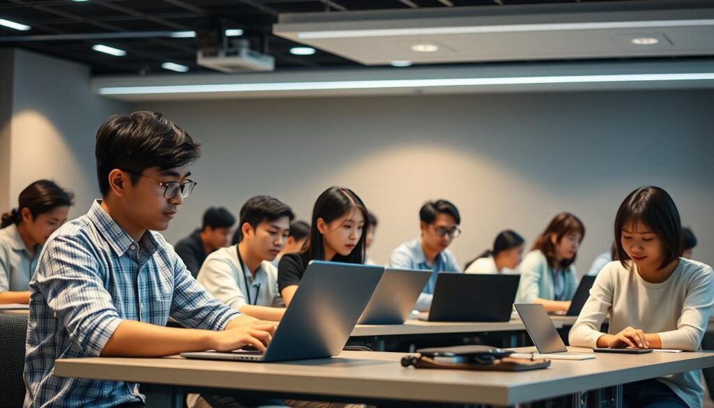A modern, well-lit training room with young Japanese-looking professionals in casual attire seated at desks, intently focused on their laptops. The scene conveys a sense of engagement and collaborative learning, as they participate in the "Customer Engineer Education Program". Soft lighting from overhead fixtures casts a warm glow, creating an atmosphere of productivity and intellectual discovery. The room's neutral tones and minimalist decor allow the participants to be the central focus, highlighting the human element of this educational initiative.