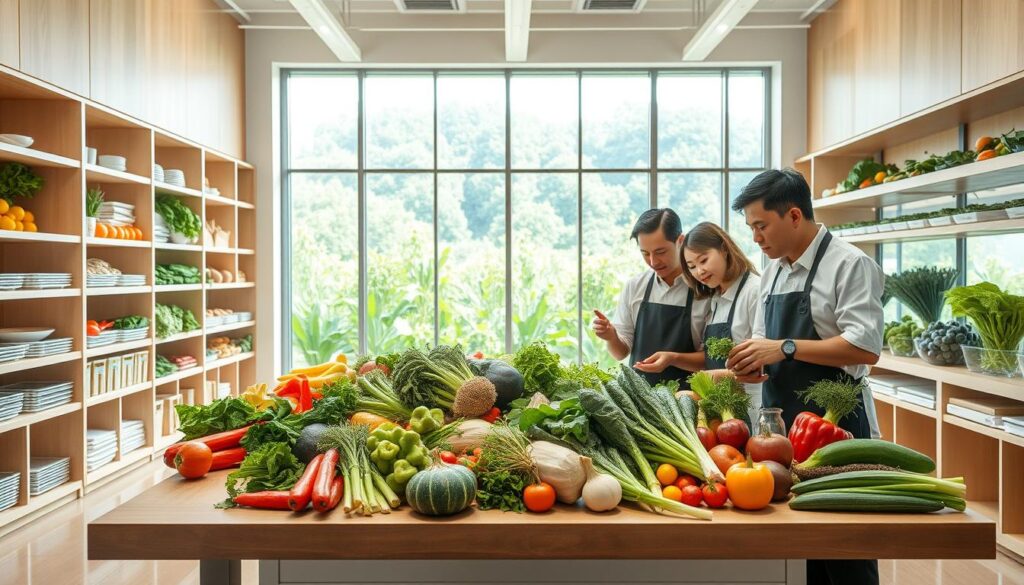 A modern, well-lit vegetable sommelier's workplace, with sleek, minimalist design and natural elements. The foreground features a team of young, Japanese-looking professionals examining and discussing an assortment of fresh, vibrant vegetables on a large, wooden table. The middle ground showcases neatly organized shelves and storage units filled with various produce, while the background reveals expansive windows offering a panoramic view of a lush, green garden. The overall atmosphere is one of precision, innovation, and a deep appreciation for the culinary potential of high-quality vegetables.